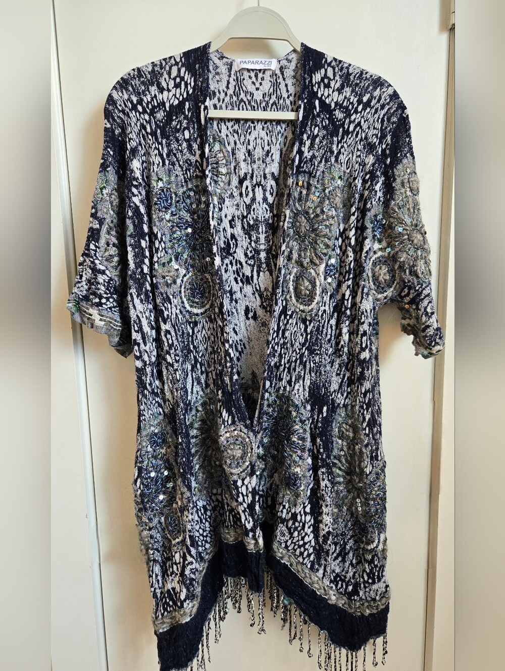 Paparazzi by Biz Bohemian Knit Kimono Beaded Sequin Fringe Blue Black